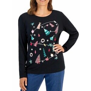 T shirt ugly Tee Karen Scott size XL, XXL Black Long Sleeves Scoop neck Graphic